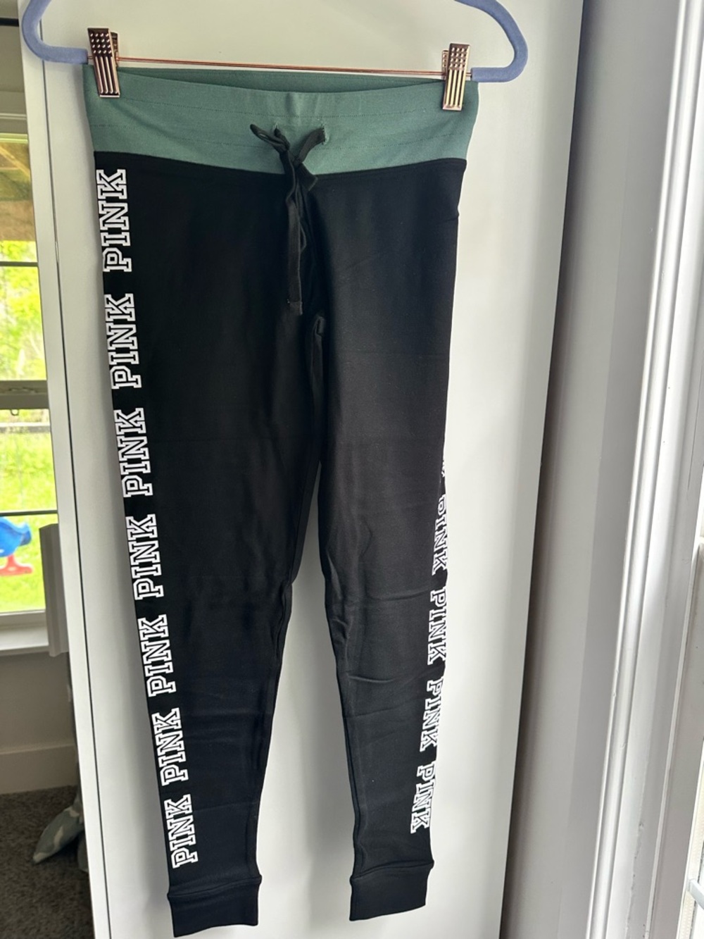 Victoria's Secret PINK Black Leggings with Green Waistband